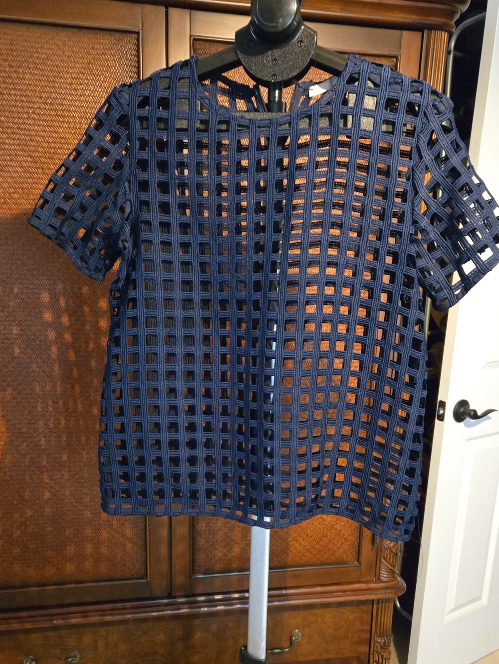 Hutch Navy Open Grid Crochet Short Sleeve Top